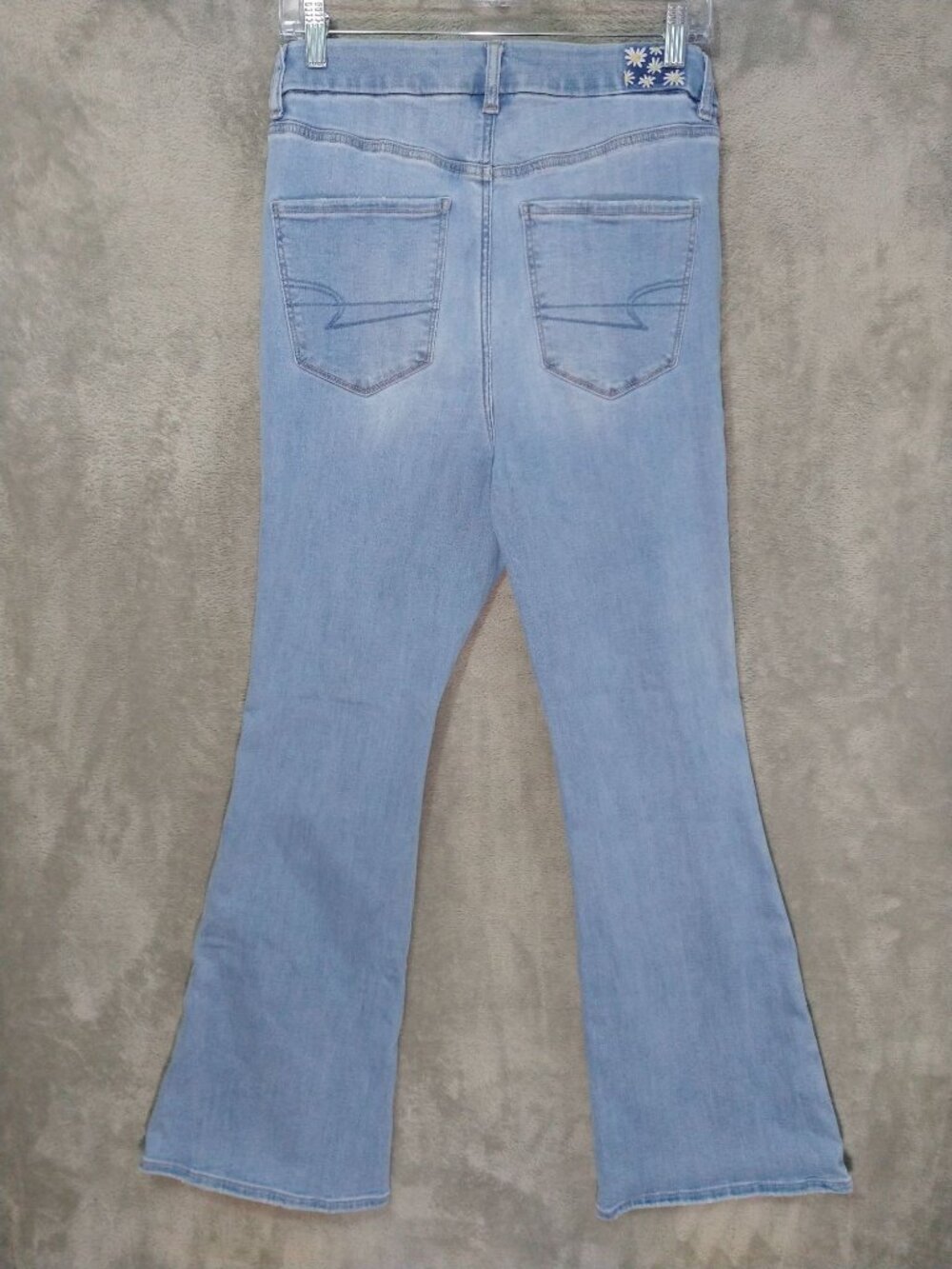 American Eagle Jeans Womens 10 Blue Denim Curvy Super High Rise Flare Distressed - Picture 2 of 10